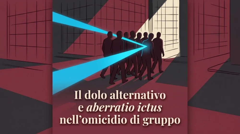 Vicolo notturno con ombre umane e un raggio azzurro che devia, sul dolo alternativo e aberratio ictus nell'omicidio.