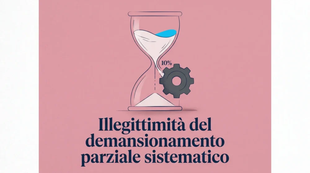 Clessidra e ingranaggio su sfondo rosa per l'illegittimità del demansionamento parziale sistematico.