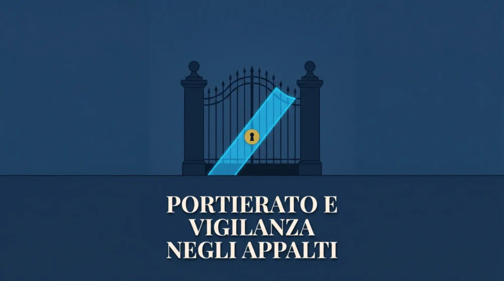 Illustrazione di un portone blu notte e raggio azzurro sulla distinzione tra portierato e vigilanza privata.