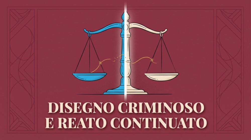 Illustrazione editoriale bordeaux su continuazione nel reato di maltrattamenti, raffigurante una bilancia della giustizia divisa con un filo dorato spezzato, per l'articolo della rivista Metodo Giuridico.