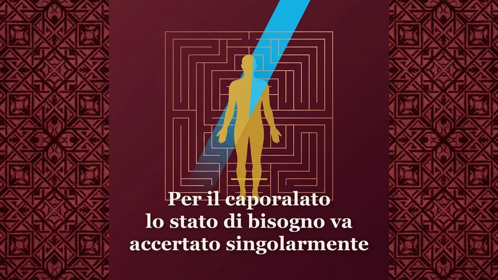 Illustrazione concettuale sull'accertamento dello stato di bisogno nel caporalato, con figura umana in oro e griglia geometrica su sfondo bordeaux profondo, per l'articolo "Per il caporalato lo stato di bisogno va accertato singolarmente".