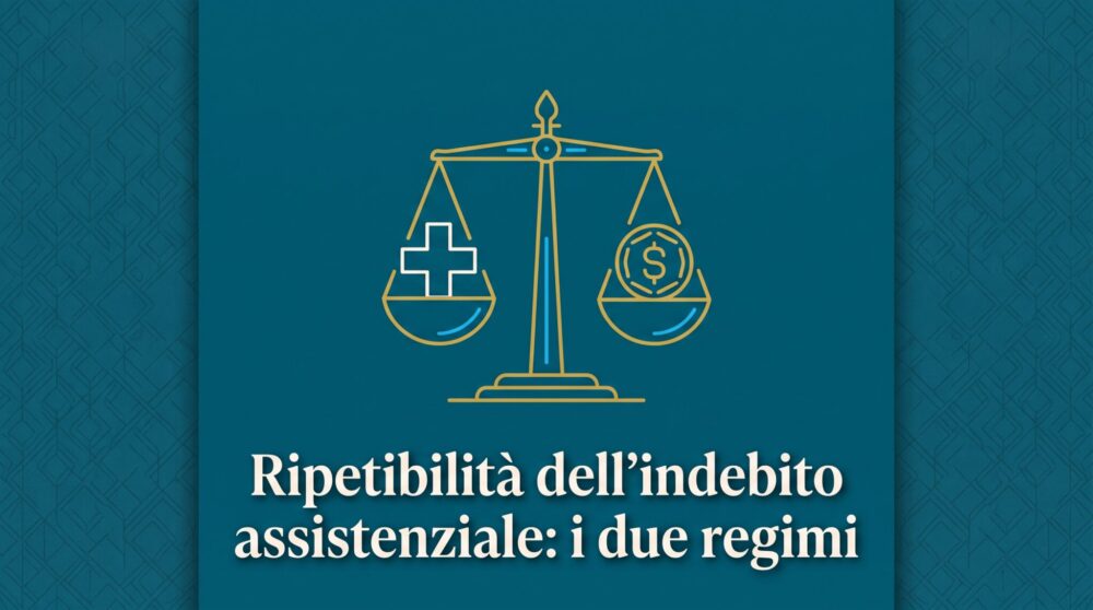 Illustrazione sulla ripetibilità dell'indebito assistenziale, raffigurante una bilancia della giustizia in oro su sfondo ottanio profondo per l'articolo "Ripetibilità dell'indebito assistenziale: i due regimi".