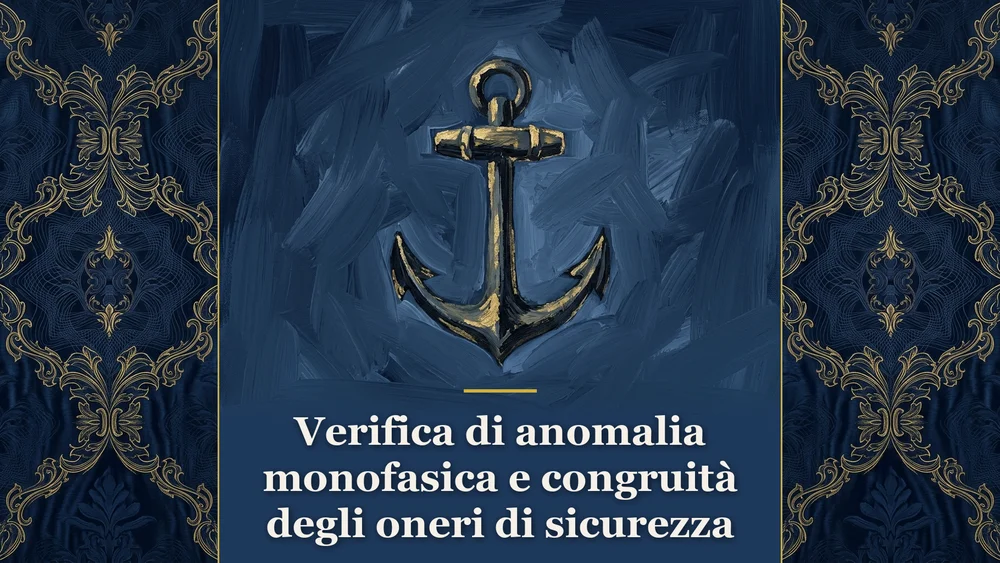 Un'ancora classica con finiture in foglia d'oro su sfondo blu notte per la nota a sentenza sulla verifica di anomalia monofasica e gli oneri di sicurezza.