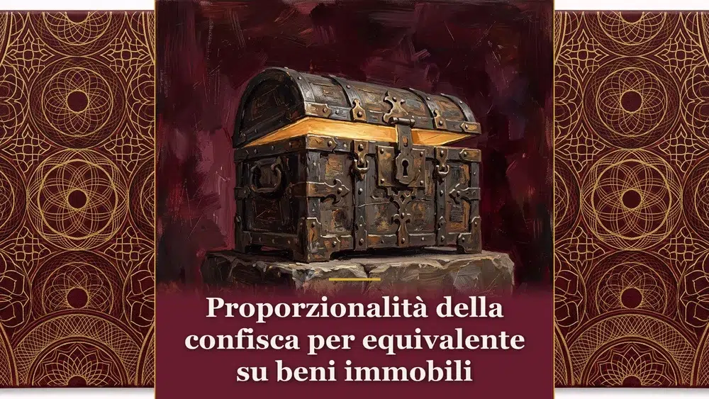 Dipinto a guazzo con forziere in ferro su basamento in pietra e fondo bordeaux che illustra la proporzionalità della confisca per equivalente