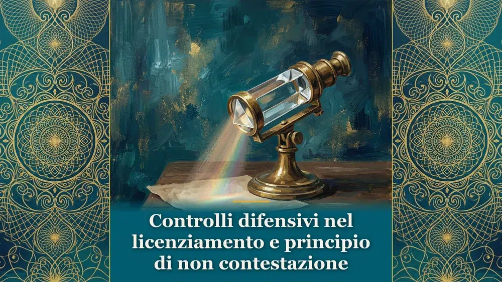 Dipinto a guazzo con prisma ottico in ottone su fondo ottanio che illustra i controlli difensivi e la non contestazione nel licenziamento