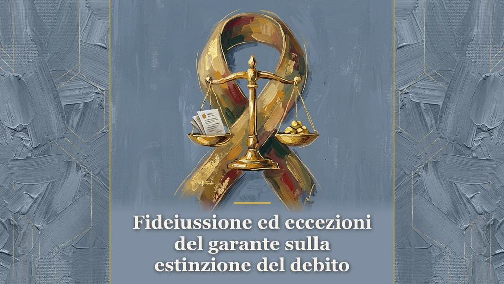 Illustrazione pittorica sul tema della fideiussione ed eccezioni del garante in toni carta da zucchero.