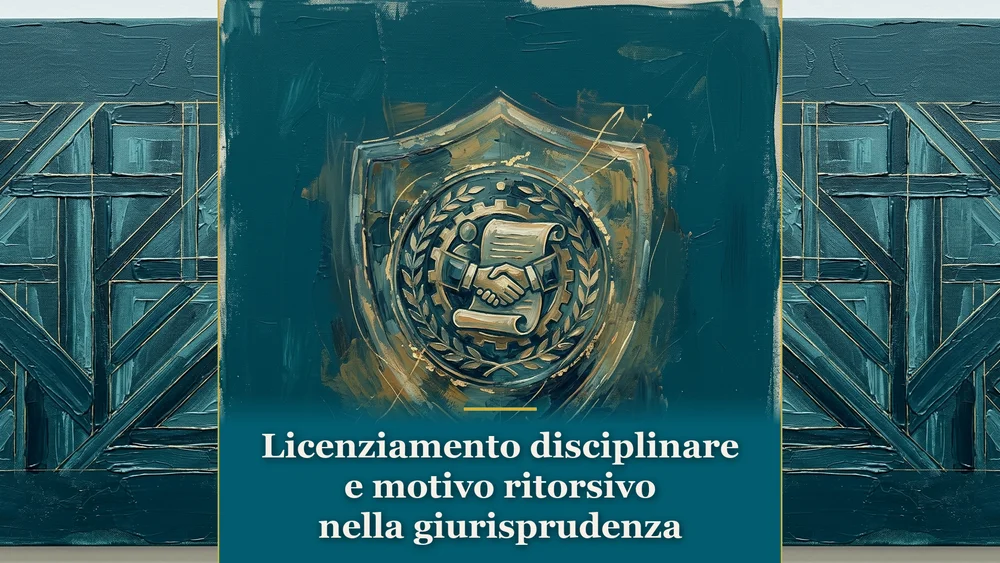 Illustrazione pittorica sul tema del licenziamento disciplinare e motivo ritorsivo in toni ottanio profondo.