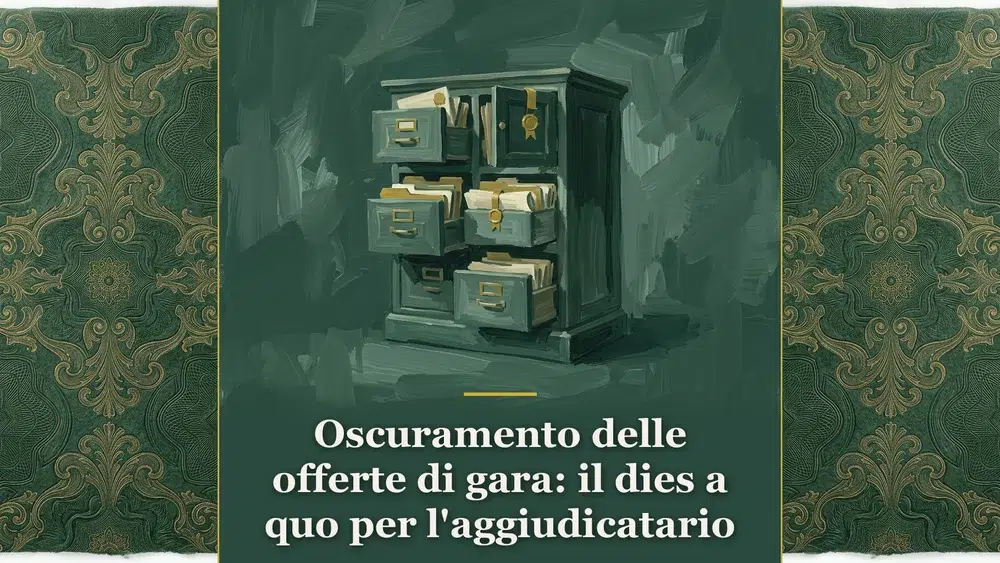 Composizione concettuale su sfondo verde eucalipto con archivio in legno e dettagli dorati a rappresentare l'accesso agli atti e la disciplina dell'oscuramento delle offerte negli appalti.