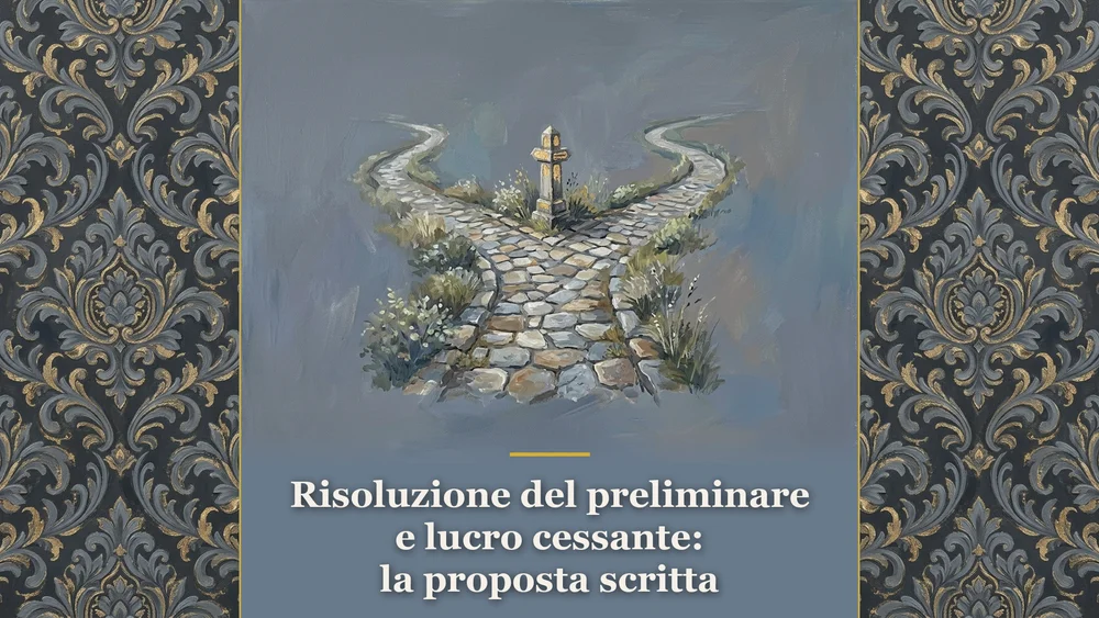 Illustrazione sulla risoluzione del preliminare e lucro cessante con bivio e sentiero in pietra in ardesia polvere #6A7B8C