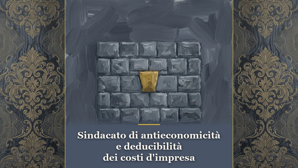Muro in blocchi di pietra squadrata con elemento centrale dorato su sfondo grigio ardesia per l'approfondimento sul sindacato di antieconomicità e deducibilità dei costi d'impresa.