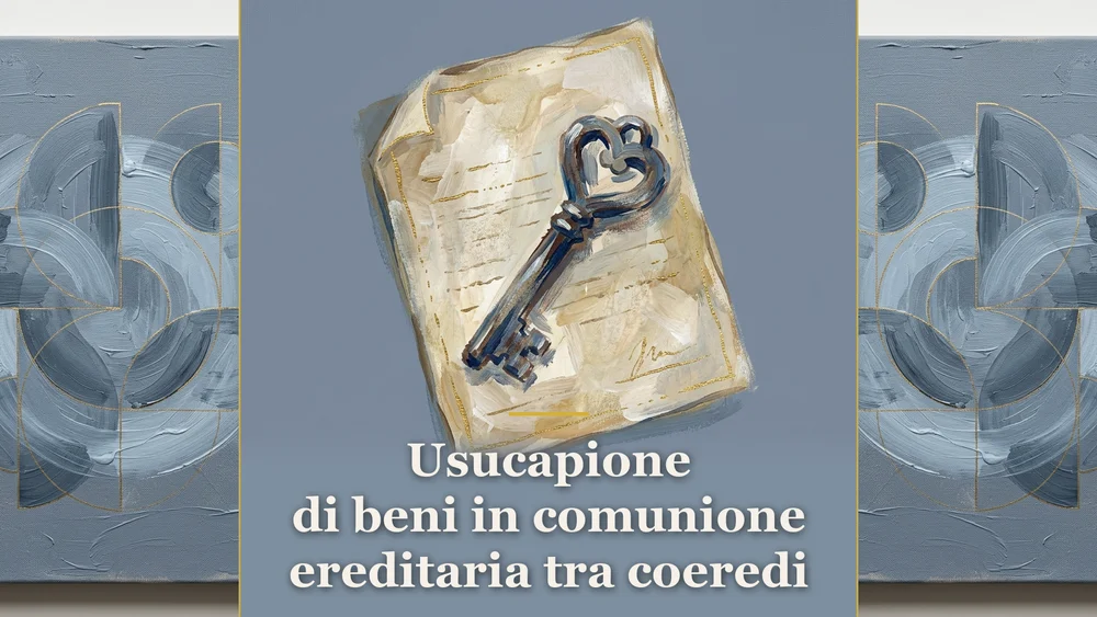 Illustrazione pittorica sul tema dell'usucapione di beni in comunione ereditaria tra coeredi in toni carta da zucchero.