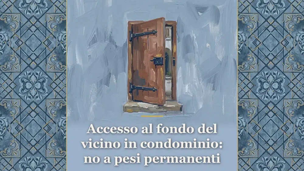 Illustrazione sull'accesso al fondo del vicino in condominio con una porta su atrio interno per l'ordinanza 25609/2026.