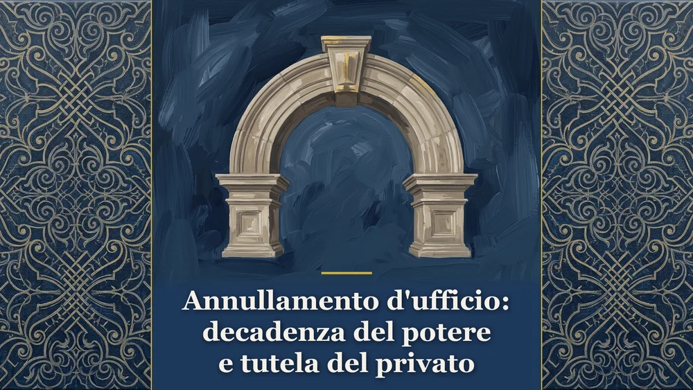 Illustrazione per l'annullamento d'ufficio del provvedimento amministrativo con un arco classico in pietra blu notte e oro.