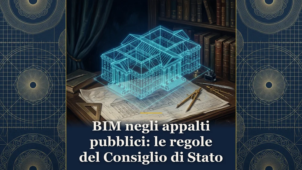 Illustrazione sul tema BIM negli appalti pubblici, raffigurante un progetto architettonico e un elmetto da cantiere dipinti su fondo blu notte, per l'articolo BIM negli appalti pubblici: le regole del Consiglio di Stato