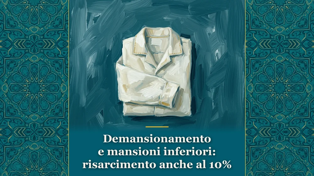 Illustrazione sul demansionamento e danno alla professionalità con camice ripiegato su fondo ottanio
