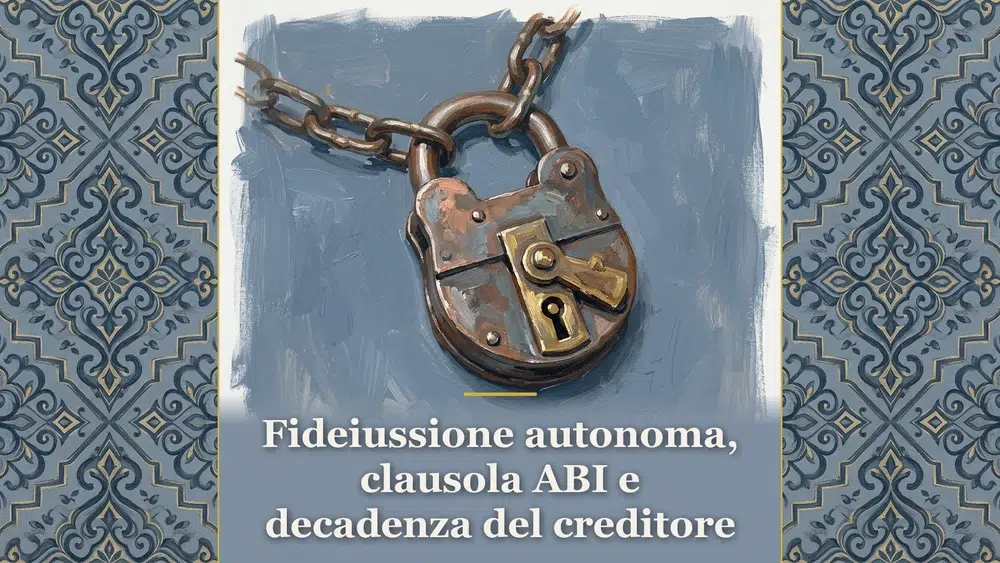Illustrazione editoriale sulla fideiussione bancaria e decadenza con imponente lucchetto in bronzo dorato e catena serrata.