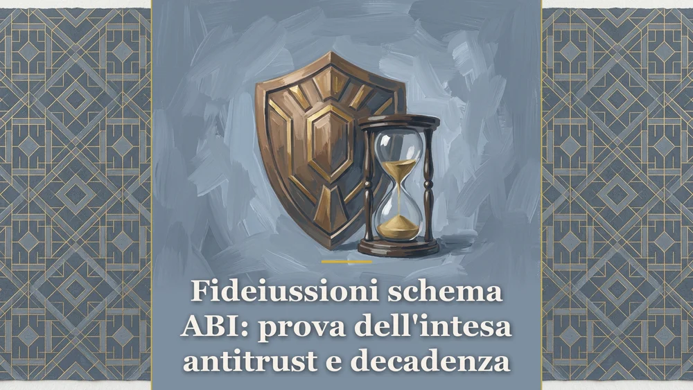 Illustrazione per le fideiussioni conformi allo schema ABI con scudo in bronzo e clessidra su sfondo carta da zucchero.