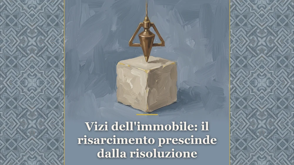 Illustrazione sul risarcimento del danno per vizi dell'immobile, con pietra architettonica e filo a piombo in carta da zucchero