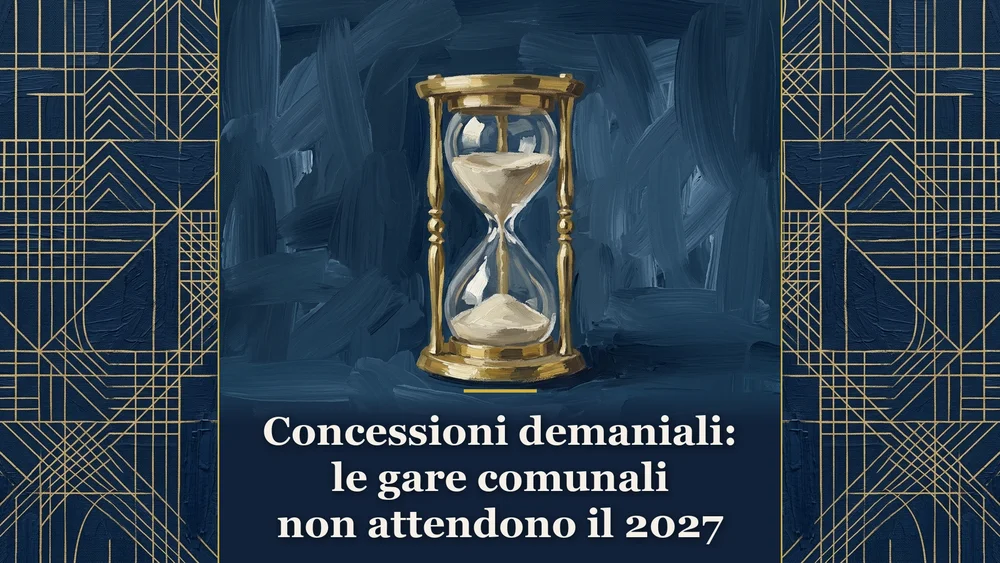 Gare per le concessioni demaniali marittime: una clessidra dorata su fondo blu scuro per la sentenza 6539/2026.