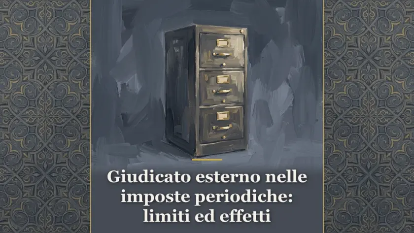 Illustrazione su giudicato esterno e tributi periodici con schedario d'archivio su fondo grigio ardesia