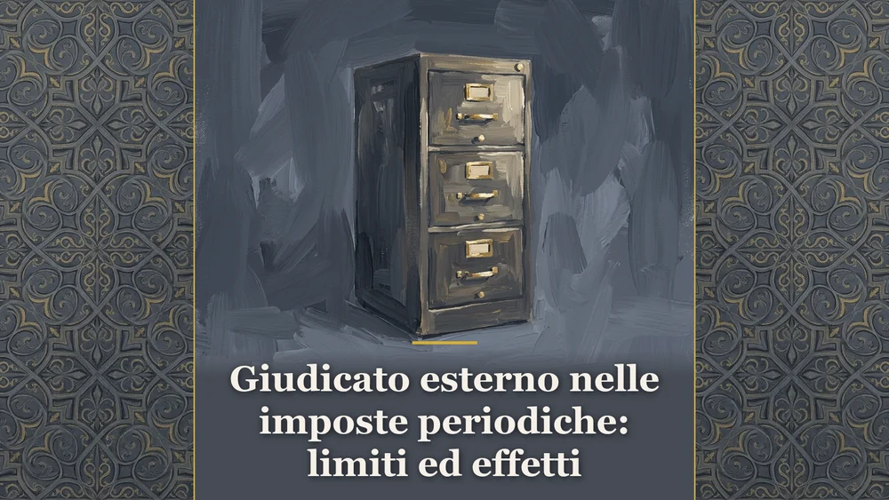 Illustrazione su giudicato esterno e tributi periodici con schedario d'archivio su fondo grigio ardesia