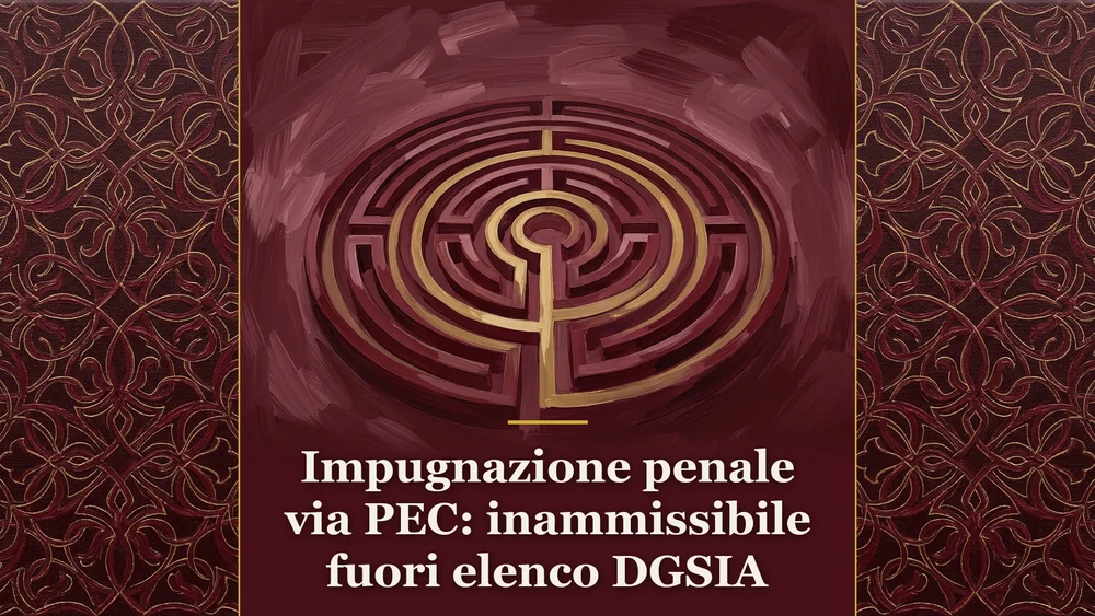 Deposito delle impugnazioni penali via PEC: labirinto geometrico su sfondo burgundy per la sentenza Cassazione 6565/2026