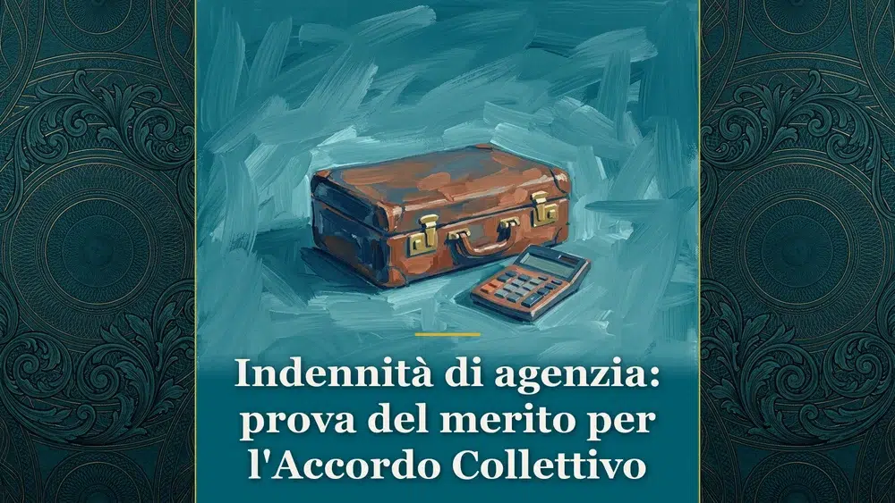 Illustrazione sull'indennità di cessazione del rapporto di agenzia commerciale con valigia e calcolatrice su scrivania per la sentenza della Cassazione n. 23629/2026.