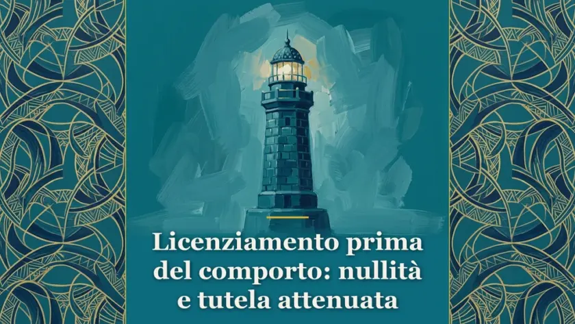Pittura editoriale sul licenziamento prima del comporto con faro protettivo su sfondo verde ottanio per Metodo Giuridico