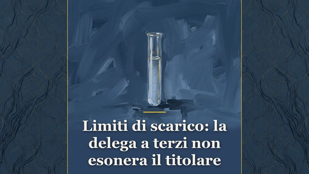 Illustrazione su responsabilità per superamento dei limiti di scarico con provetta graduata su fondo blu acciaio scuro per Metodo Giuridico.