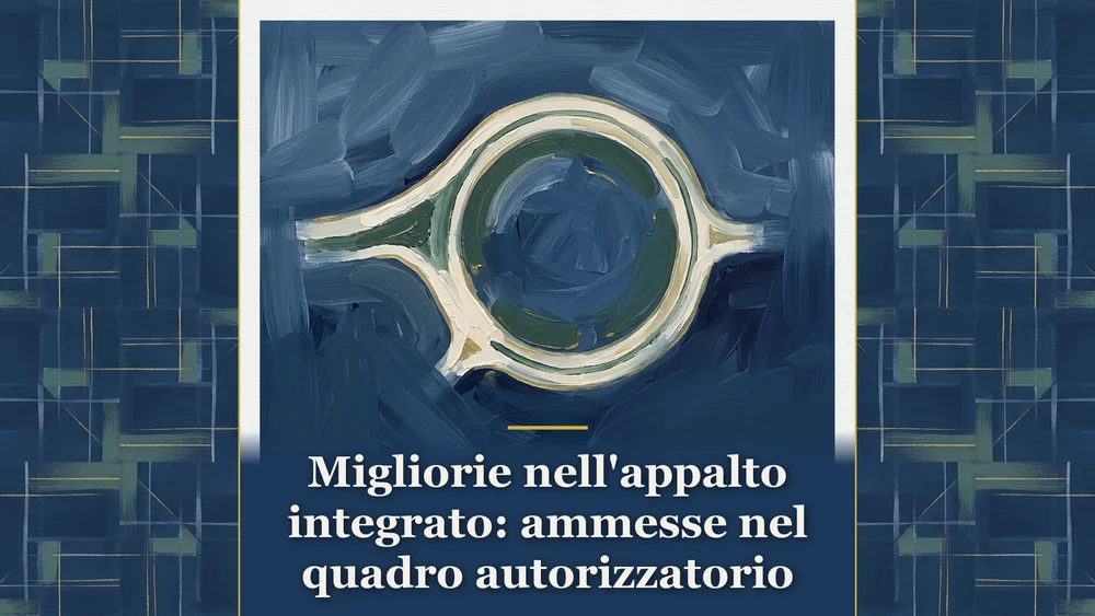 Illustrazione sulle migliorie nell'appalto integrato con planimetria geometrica su sfondo blu notte per Metodo Giuridico