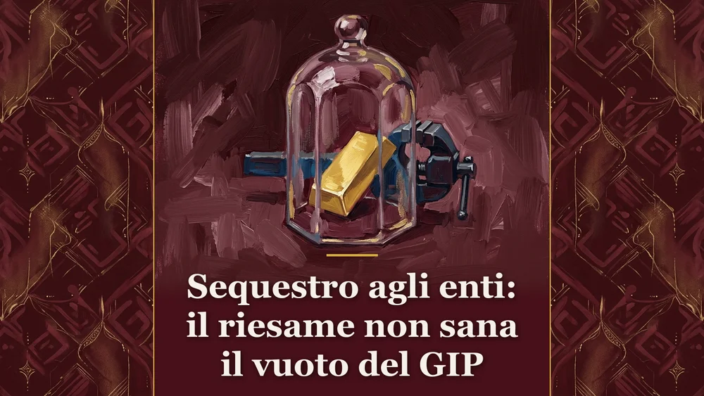 Illustrazione per la motivazione del sequestro preventivo agli enti con campana di vetro protettiva e lingotto d'oro in burgundy scuro