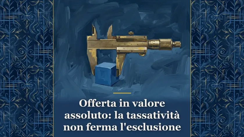 Illustrazione su tassatività delle cause di esclusione negli appalti con calibro di precisione su sfondo blu notte
