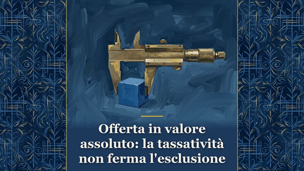 Illustrazione su tassatività delle cause di esclusione negli appalti con calibro di precisione su sfondo blu notte
