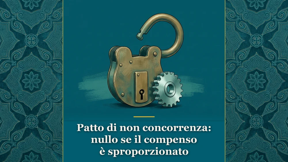Illustrazione concettuale su sfondo ottanio con lucchetto antico aperto e ingranaggio meccanico per la nullità del patto di non concorrenza sproporzionato