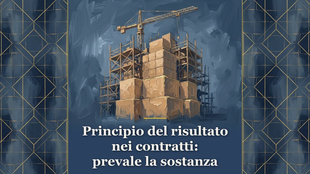 Illustrazione sul principio del risultato nei contratti pubblici con cantiere e impalcature in blu acciaio e oro