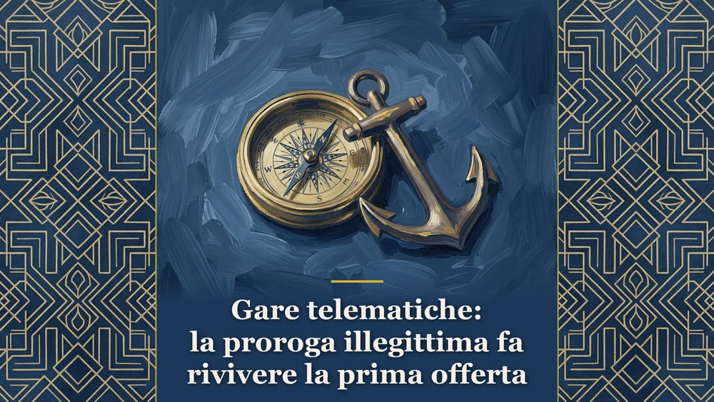 Illustrazione per la proroga del termine di gara nelle procedure telematiche con bussola e ancora su sfondo blu notte.