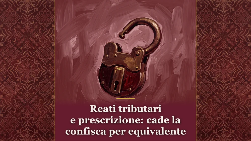 Pittura concettuale di un lucchetto in bronzo aperto su sfondo bordeaux per la confisca per equivalente nei reati tributari