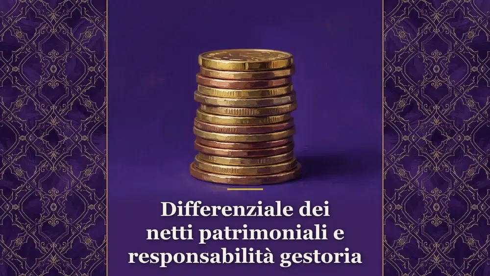 Illustrazione concettuale sui criteri di quantificazione del danno da responsabilità gestoria e differenziale dei netti patrimoniali con pila di monete.