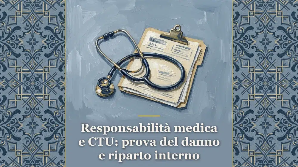 Dipinto editoriale raffigurante stetoscopio e perizia tecnica giudiziale in tema di responsabilità medica.