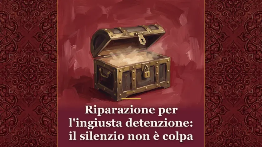 Illustrazione sul tema riparazione per l'ingiusta detenzione con forziere aperto e luce su sfondo bordeaux.