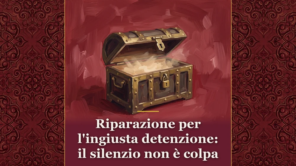 Illustrazione sul tema riparazione per l'ingiusta detenzione con forziere aperto e luce su sfondo bordeaux.