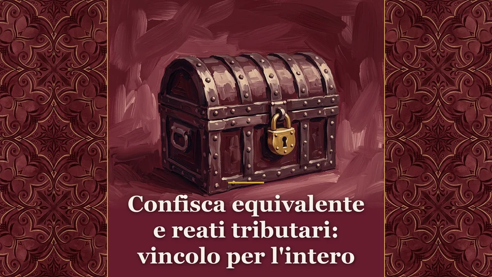 Illustrazione su sequestro preventivo e confisca per equivalente con forziere in ferro battuto su fondo bordeaux