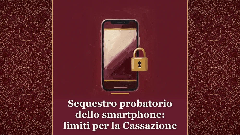Illustrazione editoriale sul sequestro probatorio dello smartphone, raffigurante un dispositivo mobile e un lucchetto su fondo bordeaux per Metodo Giuridico.