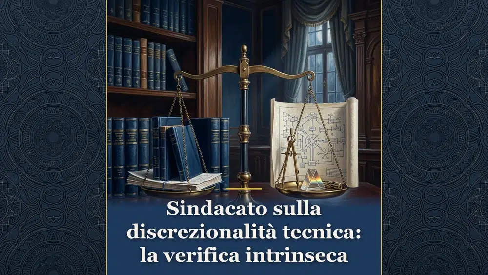 Illustrazione sul sindacato del giudice amministrativo sulla discrezionalità tecnica con fascicolo e strumenti di calcolo.