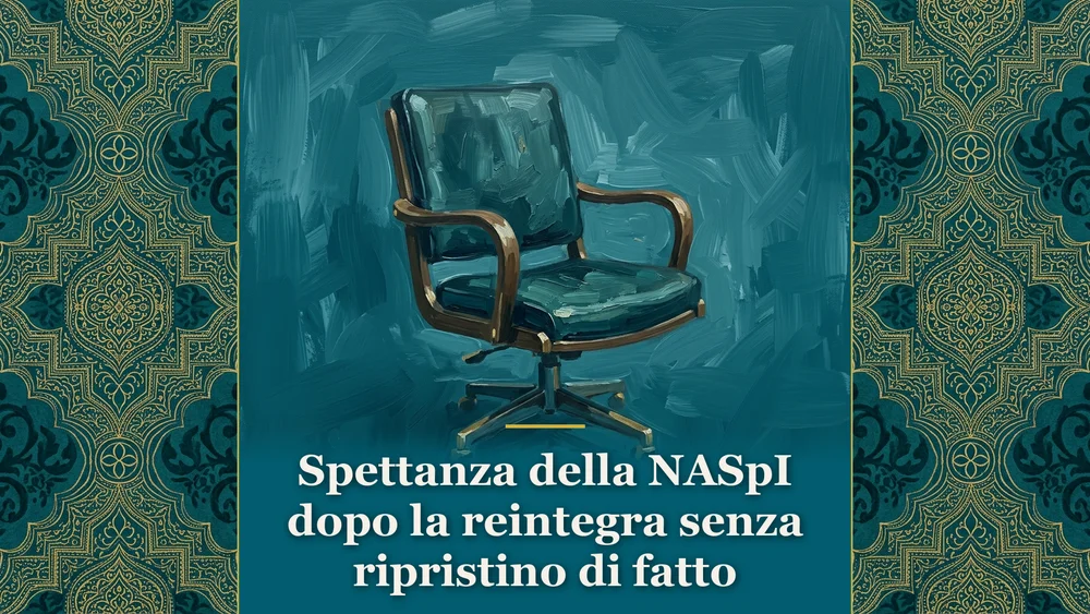Illustrazione sulla spettanza della NASpI dopo la reintegra, raffigurante una sedia da ufficio vuota in stile editoriale