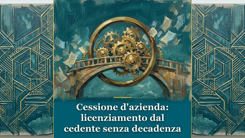 Dipinto concettuale con ingranaggi dorati e anello continuo su fondo ottanio, simbolo di continuità lavorativa nella cessione