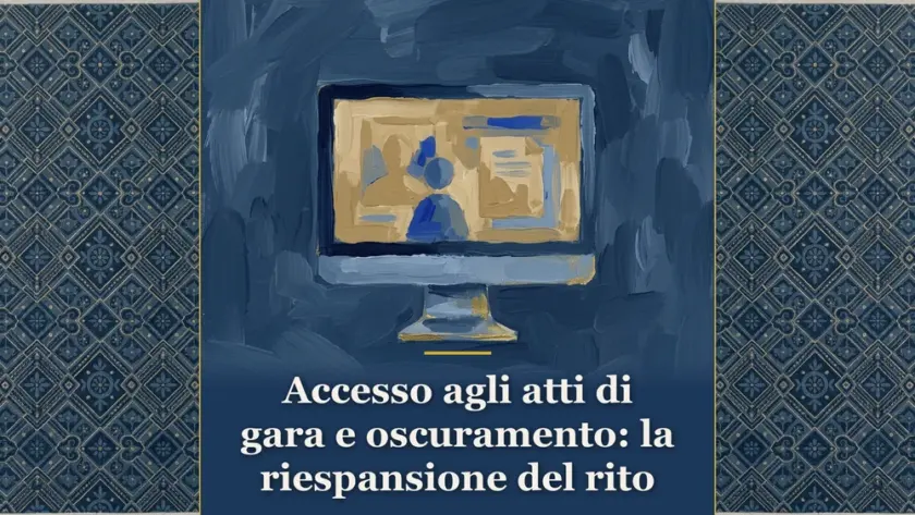 Dipinto editoriale raffigurante un monitor da gara digitale, a commento della sentenza del Consiglio di Stato sull'accesso agli atti