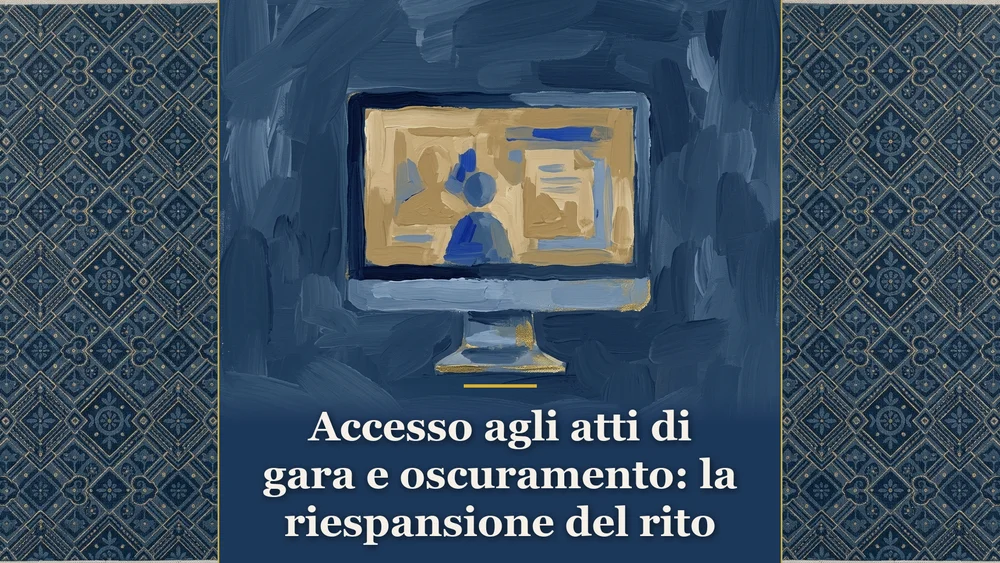 Dipinto editoriale raffigurante un monitor da gara digitale, a commento della sentenza del Consiglio di Stato sull'accesso agli atti