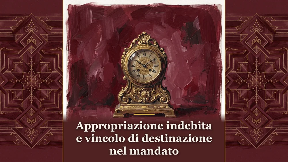 Illustrazione su appropriazione indebita e vincolo di destinazione nel mandato, raffigurante un antico orologio meccanico su sfondo bordeaux, per la sentenza della Cassazione Penale 21198/2026.