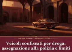 Illustrazione sul tema veicoli confiscati per droga, raffigurante un'auto sequestrata in custodia, per l'articolo della Consulta